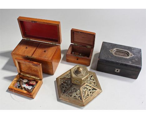 Mixed works of art, to include a tea caddy, ink stand, jewellery box, and two further boxes, (qty)