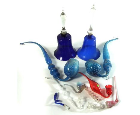 Collection of glass, to include eight bubble pipes and two Bristol blue glass bells, 19th century.The largest item measures 2