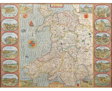 Wales. Speed (John), Thomas Bassett &amp; Richard Chiswell, [1676], hand-coloured engraved map, large compass rose and numero