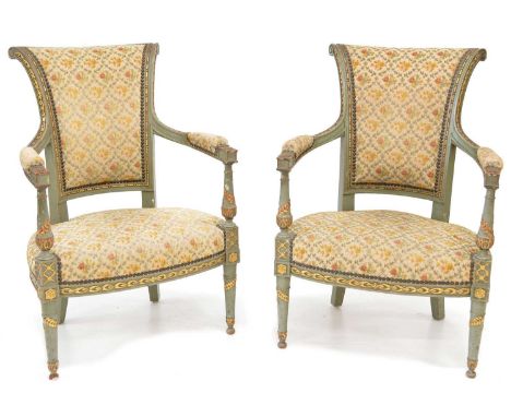 A pair of late 19th century French salon chairs, each with green painted and gesso show wood frames, upholstered back, arms a