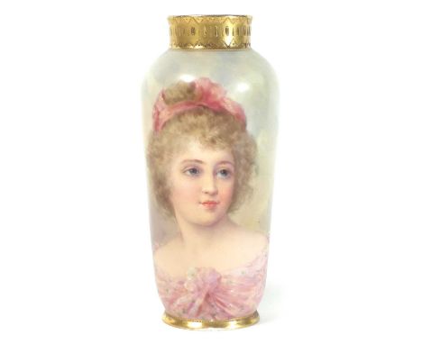 Vienna style vase signed F. Fenner, painted with a portrait of a lady, raised paste gilded neck, beehive mark to the base, la