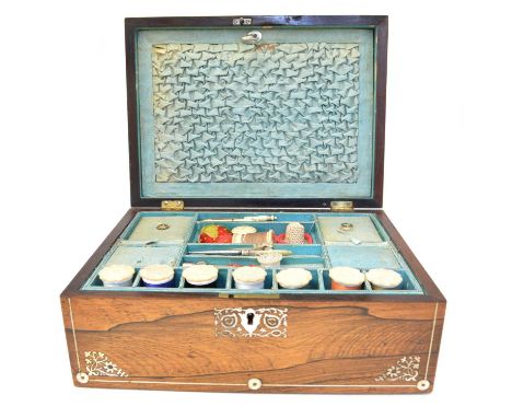 Victorian rosewood and mother of pearl inlaid sewing box with turquoise lining, the hinged lid opening to reveal a tray and v