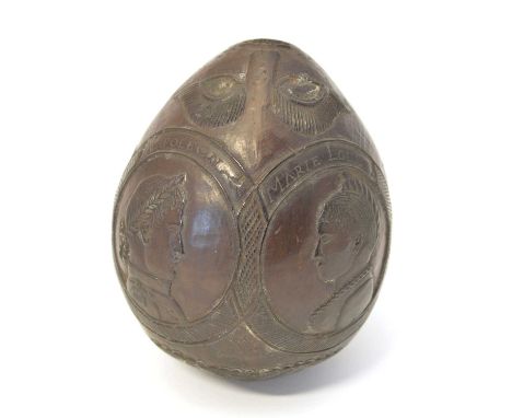 19th Century carved coconut Bugbear carved and incised in the round with portraits of Antoni Joseph (Prince Józef Antoni Poni