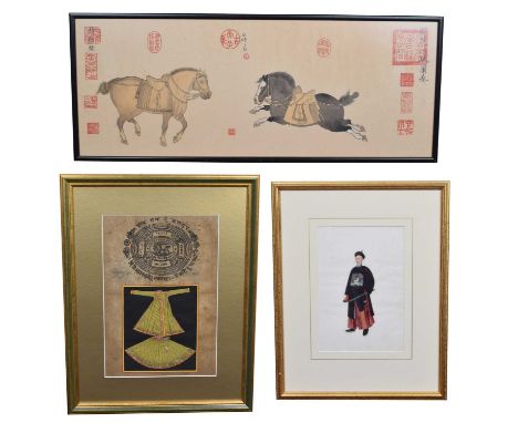 Three oriental pictures to include a Chinese woodblock print of horses 78cm x 30cm (30.5in x 12in) , traditional clothing ill