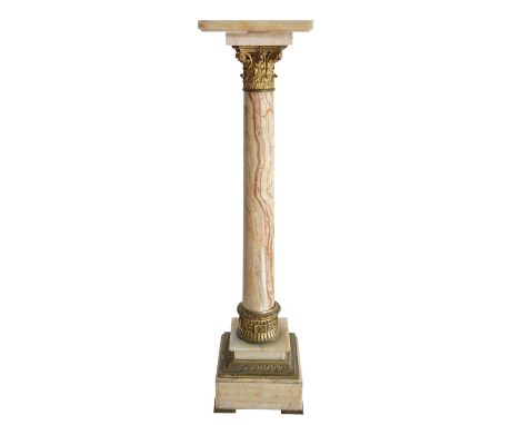 Late 19th-century French alabaster and marble plant stand, attachable square top above classical column with brass mounts, sq