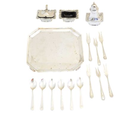 A selection of silver, to include a George V silver salver, six George VI teaspoons, six Edward VII forks, and an Elizabeth I