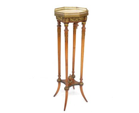 Late 19th-century French beech and mahogany Jardiniere stand, octagonal top with brass gallery fitted with vein marble inset,