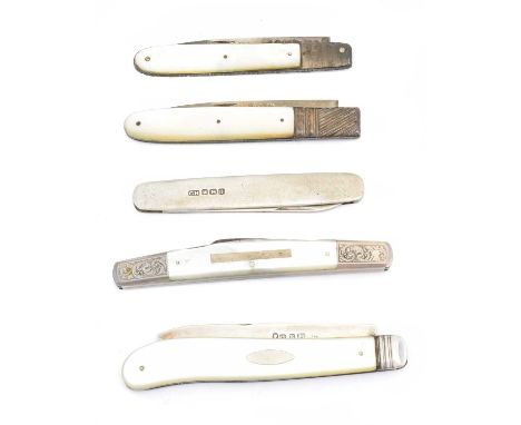 Five pocket knives, to include two George III mother of pearl and silver fruit knives, and one silver plated with blades sign