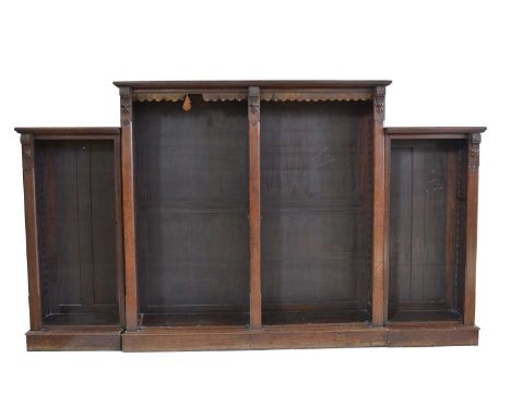 Victorian stained oak breakfront open bookcase, adjustable shelves.length 204cm (80cm ), depth 33cm (13"), height 150cm (59")