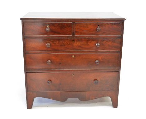 George III mahogany veneered chest of two short and three long graduated drawers of small proportions, the rectangular top wi