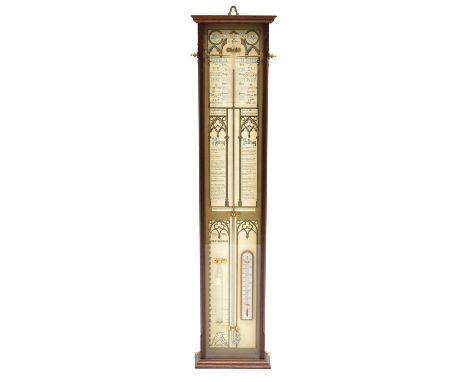 Admiral Fitzroy barometer, 20th century, mahogany case printed paper labels supporting mercury tube, storm glass, and thermom