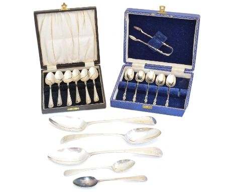 A selection of George III and later silver flatware, to include two George III table spoons by Peter &amp; William Bateman, t