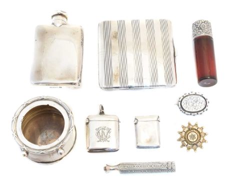 A selection of silver, to include an Edward VII silver novelty pocket watch stand, in the form of a drum, a silver topped sce