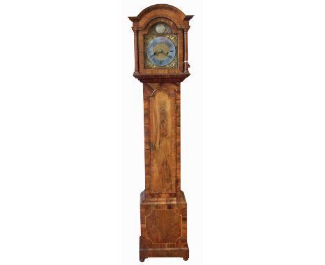 Late 20th-century longcase clock, 8-day movement striking on a single bell, brass arched dial with silvered chapter ring, wal