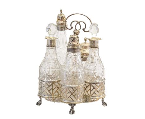 A Victorian silver cruet stand, supporting five clear glass bottles, hallmarks for Richard Sibley II, London, 1854, height 20