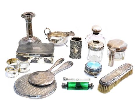 A selection of silver, to include a Liberty &amp; Co. enamel trinket box, AF, a silver double ended scent bottle, a silver ca