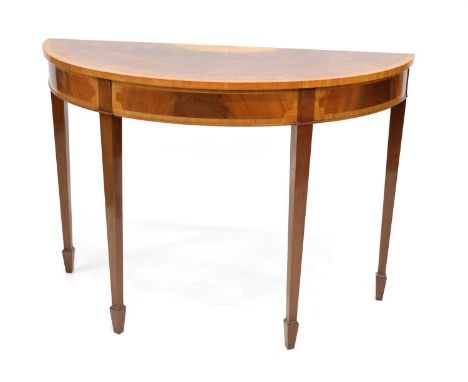 20th-century mahogany console table of traditional design, top with batwing inlay crossbanded in satinwood and tulipwood, 10c