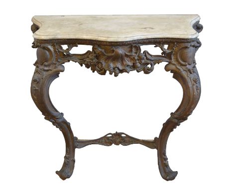 Mid 19th century French console table, white-grey veined marble top of serpentine shape, supported on gesso base, decorated w