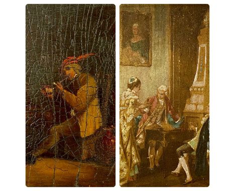 18TH / 19TH CENTURY oils on board - interior scene with man lighting pipe, 18 x 13.5cms and interior scene with figures in cl