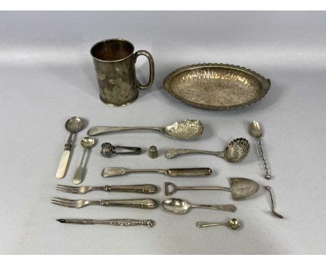 EPNS & SILVER including oval hammered silver dish, 24cms (l), Chinese Willow type embossed tankard with quantity of assorted 