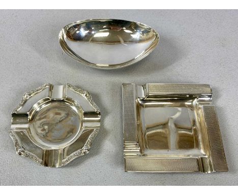 GROUP OF THREE ELIZABETH II SMALL SILVER ITEMS, square form ash tray, engine turned border, Birmingham 1962, maker Barker Bro