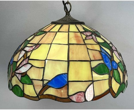 TIFFANY STYLE LEADED CIRCULAR LIGHT SHADE, brightly coloured floral panels on a pendant ceiling light fitting, 40cms (diam.)P