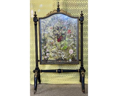 VICTORIAN EBONISED & GILDED FIRESCREEN, glazed to both sides and containing taxidermy hummingbirds amongst artificial foliage