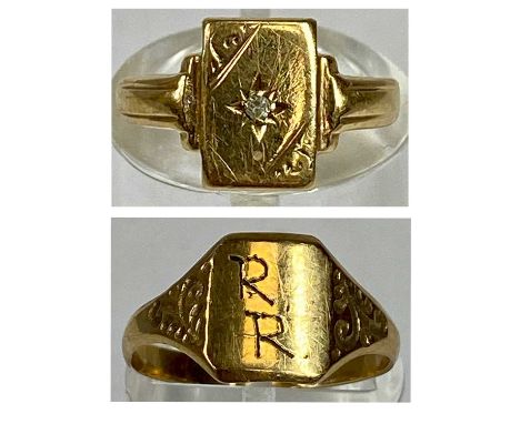 TWO 9CT GOLD SIGNET RINGS, the first set with a small diamond, size I, the other monogrammed R R, with engraved shoulders, si