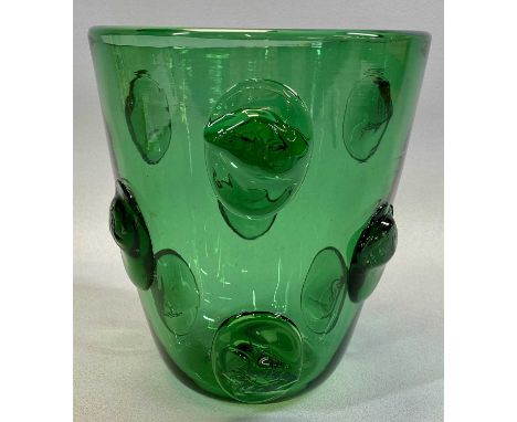 MURANO EMERALD GREEN GLASS ICE BUCKET VASE, with applied prints, 22 (h) x 19.5cms (diam.)Provenance: private collection Conwy