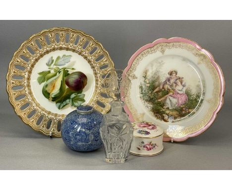 MIXED PORCELAIN/GLASS GROUP, Copeland plate, mid-19th century with pierced and gilded border, painted to the centre with frui