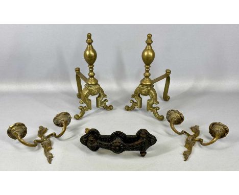 BRASS FIRE DOGS A PAIR, 30cms (h), brass wall sconces a pair, with old cast iron knocker by A. Kenrick & SonsProvenance: priv