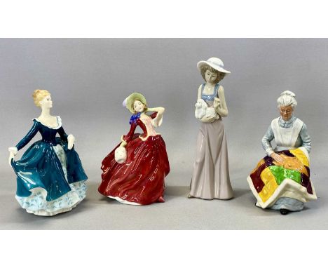 CHINA FIGURINES, three Royal Doulton, Even Tide HN2814, Janine HN2461, Autumn Breezes HN1934 and a Nao figure of a girl with 