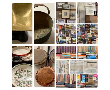 MIXED METALWARE, KITCHENALIA, ANTIQUE BOOKS & COLLECTABLES GROUP, including Weylux scales with brass pan and a large quantity
