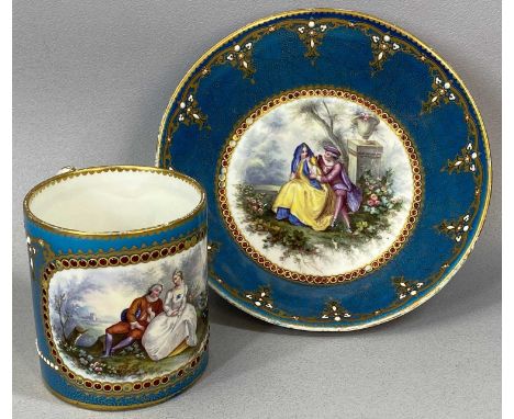SEVRES BOWL & TANKARD, late 19th century, each painted with a panel depicting lovers on blue celeste ground, enamel jewelled 