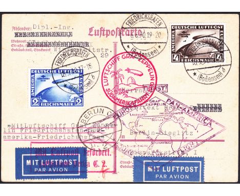 1930 Graf Zeppelin Europe - Pan America round flight (S 57P). Card franked with both 2 RM & 4 RM Sudamerikafahrt Zeppelin sta