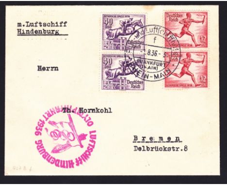 1936 Hindenburg Olympic flight (S 427B). Envelope franked with four Third Reich Olympic Games stamps, flown by Hindenburg ove