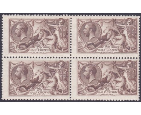 STAMPS : 1918 2/6d Seahorse, fine block of four, Bradbury printing. Top two stamps are M/M, bottom to are fine U/M. Fine item