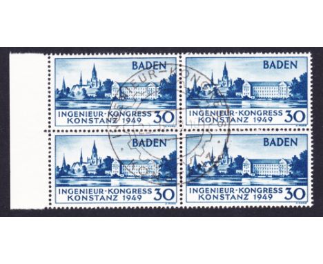 STAMPS : BADEN, 1949 Engineers' Congress, 30pf in used block of four with first day Congress pmk, SG FB46. Cat £400. Expertis