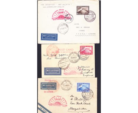 1931 Graf Zeppelin Polar Flight. Set of three flown covers or cards each with a different value Polar flight Zeppelin stamp, 