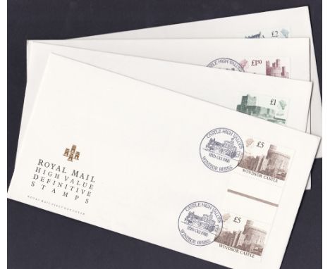 1988 18th October, Castle high values in gutter pairs on four matching Post Office covers, each with a relevant special h/s. 