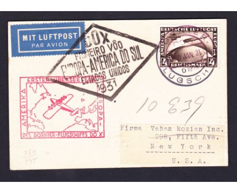 AIRMAIL : GERMANY, cover flown by Dornier Do-X seaplane. Posted on board and franked with 4 RM Sudamerikafarht Zeppelin stamp