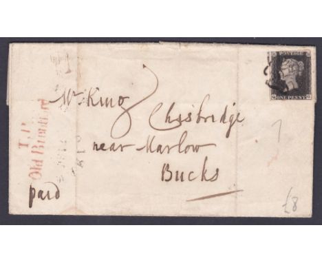 1842 Penny Black entire from Richmond to Marlow. The stamp has 2 large margins and is tied by a black MX. Written up well by 