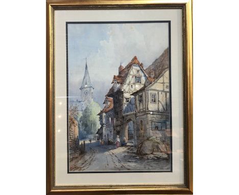 Continental school - A town view with figures seated on a step, watercolour, 48 x 32 cm