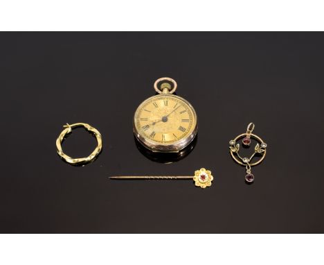 A Small Collection Of 9ct Gold Items Four items in total to include, ladies 9ct gold cased fob watch with gold dial, marked 9