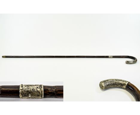 Antique Silver Capped Partridge Wood Walking Stick 19th century walking cane with silver collar and handle detail, hallmarked