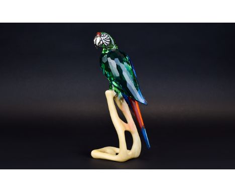 Swarovski Large Multifacted Crystal Figure From The Birds Of Paradise Collection ' Macaw' Chrome/Green Designed by Roland Sch