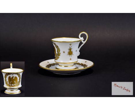 French First Empire 1804 / 1815 Period Fine Quality White Porcelain Cup and Saucer with Imperial Gold Painted Eagle. Signed t