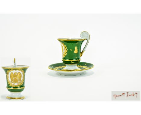 French First Empire 1804 - 1815 Period - Fine Quality Green Porcelain Cup and Saucer with Gold Painted Imperial Eagle. Signed