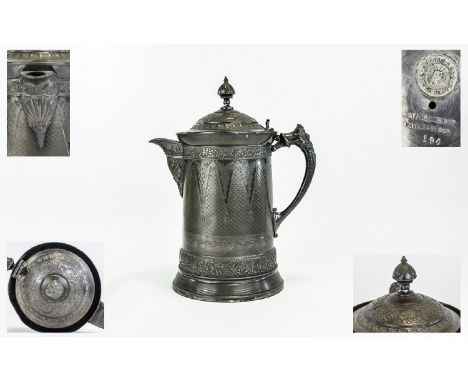 Large 19thC American Rogers & Bro Triple Plate Pitcher, Hinged Top, Engraved And Embossed Decoration Throughout, Ceramic Line