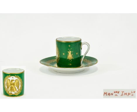 French First Empire Period 1804 - 1815 Period Green Coffee Cup and Saucer with The Gold Painted Imperial Eagle. Script to Und